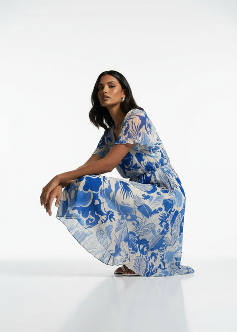 Marcangelo Floral Plissé Flare Dress MA6599 BLU - Marc Angelo