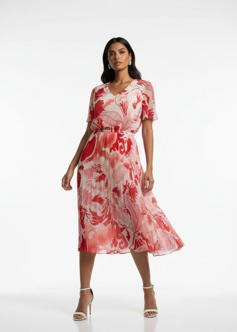 Marcangelo Floral Plissé Flare Dress MA6599 RED - Marc Angelo