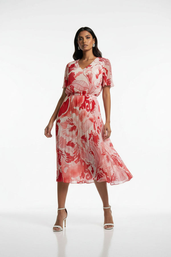 Marcangelo Floral Plissé Flare Dress MA6599 RED - Marc Angelo