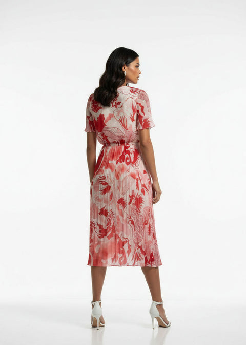 Marcangelo Floral Plissé Flare Dress MA6599 RED - Marc Angelo
