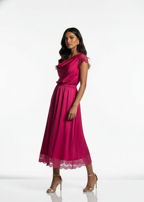 SATIN MIDI SKIRT WITH LACE TRIM  SM25517 PINK - Marc Angelo