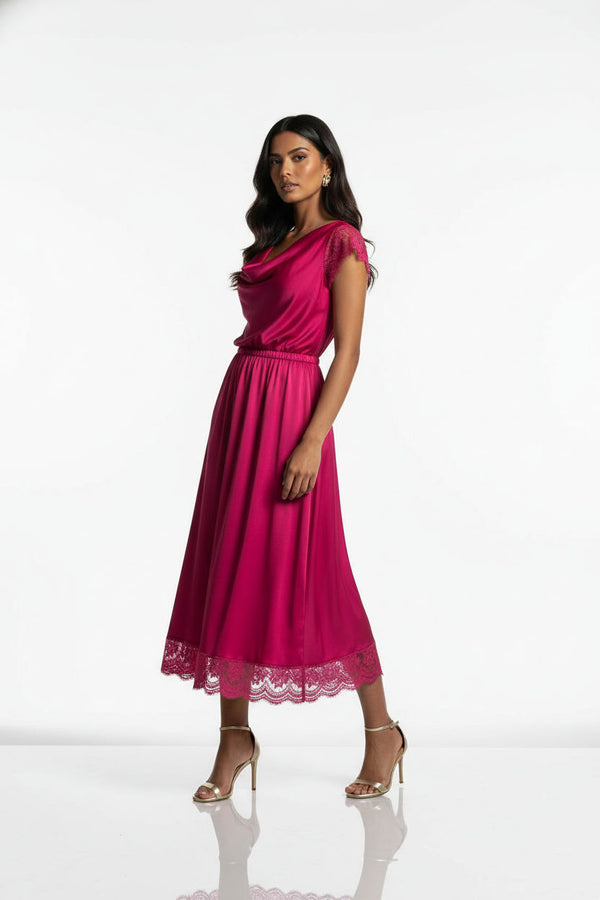 SATIN MIDI SKIRT WITH LACE TRIM  SM25517 PINK - Marc Angelo