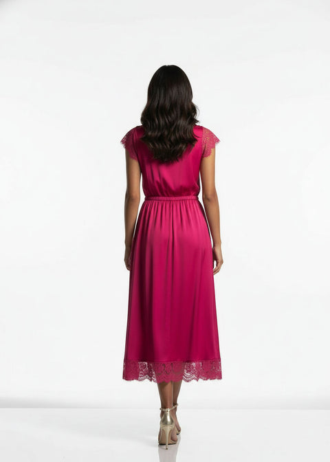SATIN MIDI SKIRT WITH LACE TRIM  SM25517 PINK - Marc Angelo