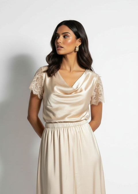 LACE Cowl Neck Satin Top SM25633 BEIGE - Marc Angelo