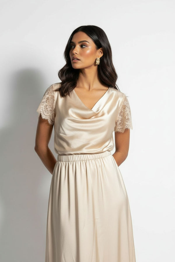 LACE Cowl Neck Satin Top SM25633 BEIGE - Marc Angelo