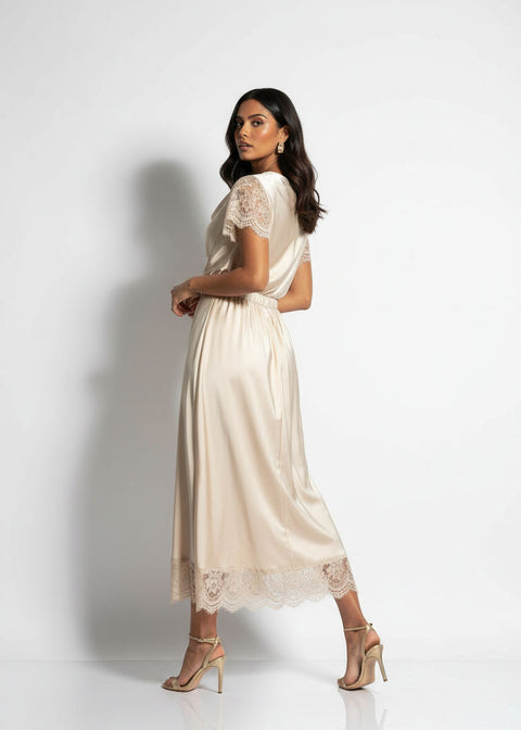 LACE Cowl Neck Satin Top SM25633 BEIGE - Marc Angelo