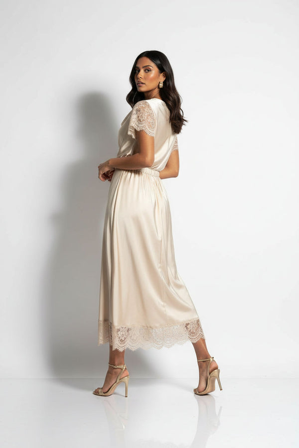 SATIN MIDI SKIRT WITH LACE TRIM  SM25517 BEIGE - Marc Angelo