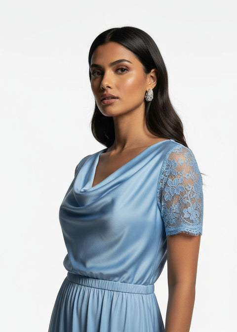 LACE Cowl Neck Satin Top SM25633 BLUE - Marc Angelo