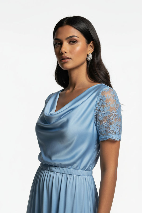 LACE Cowl Neck Satin Top SM25633 BLUE - Marc Angelo