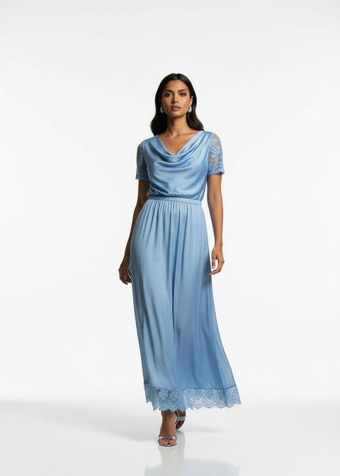 LACE Cowl Neck Satin Top SM25633 BLUE - Marc Angelo