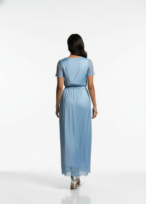 SATIN MIDI SKIRT WITH LACE TRIM  SM25517 BLUE - Marc Angelo