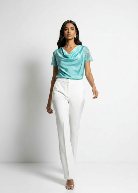 LACE Cowl Neck Satin Top SM25633 Aqua - Marc Angelo