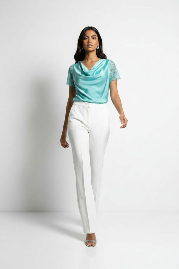 LACE Cowl Neck Satin Top SM25633 Aqua - Marc Angelo