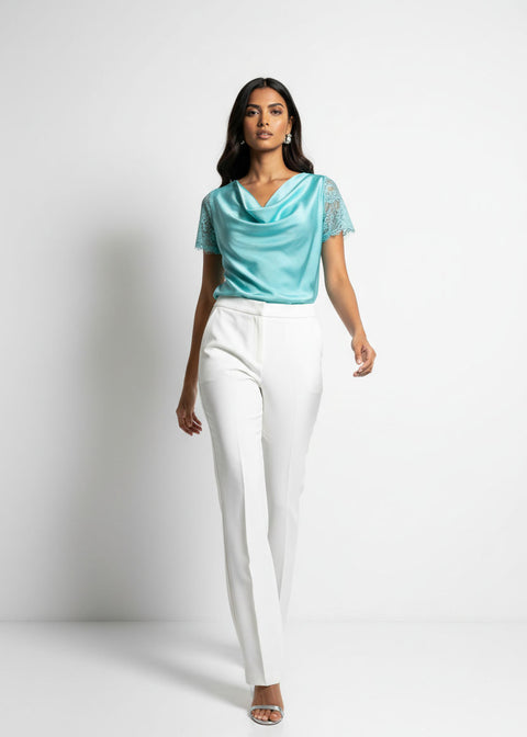 LACE Cowl Neck Satin Top SM25633 Aqua - Marc Angelo