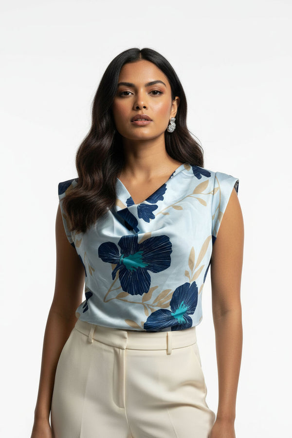 Cowl Neck Satin Top MA7214 blue floral - Marc Angelo