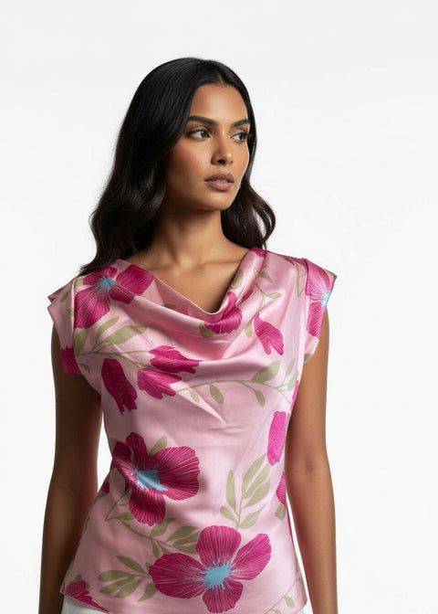 Cowl Neck Satin Top MA7214 pink floral - Marc Angelo