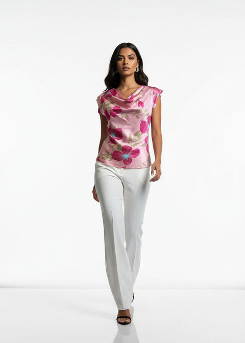 Cowl Neck Satin Top MA7214 pink floral - Marc Angelo