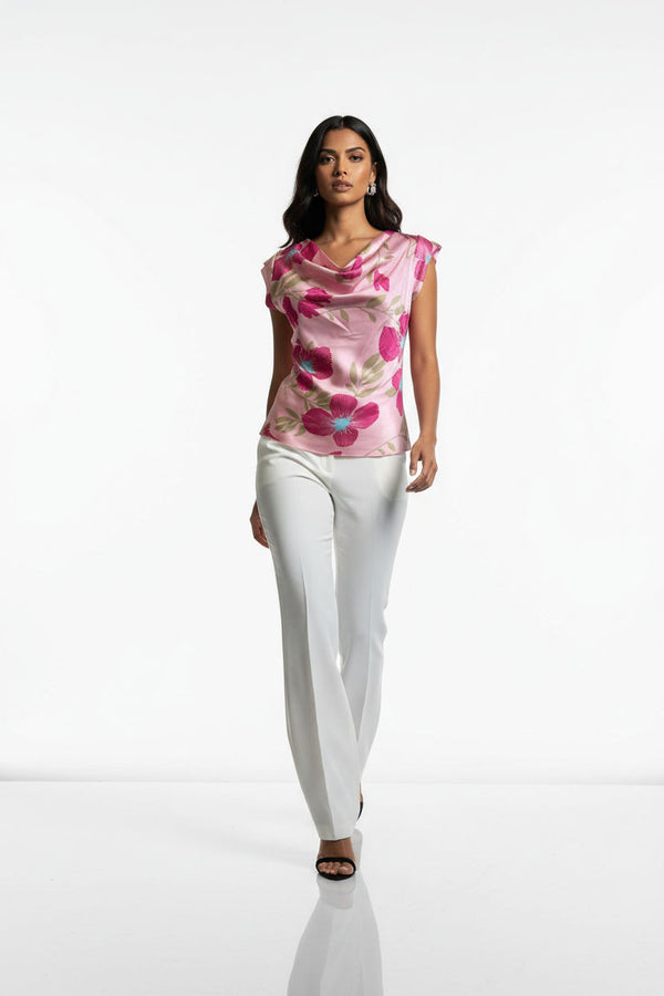 Cowl Neck Satin Top MA7214 pink floral - Marc Angelo