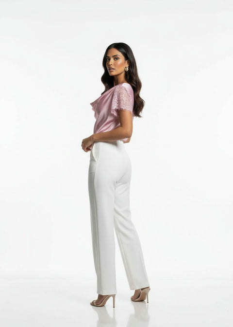 LACE Cowl Neck Satin Top SM25633 Pink - Marc Angelo