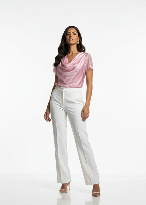 LACE Cowl Neck Satin Top SM25633 Pink - Marc Angelo