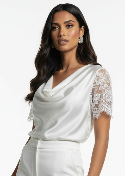 LACE Cowl Neck Satin Top SM25633 white - Marc Angelo
