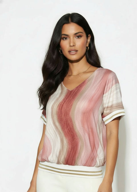 SM26123 PNK Marble-Print V-Neck BAND Top
