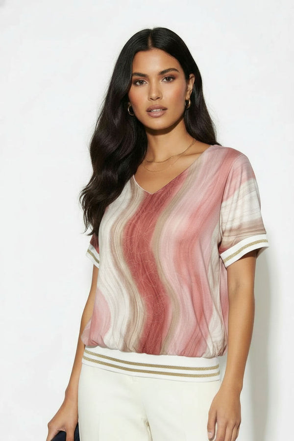 SM26123 PNK Marble-Print V-Neck BAND Top - Marc Angelo