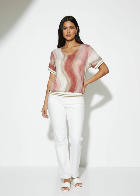SM26123 PNK Marble-Print V-Neck BAND Top